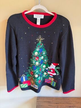 Tiara International Vintage Ugly Christmas Sweater Santa Tree Black embroidered
